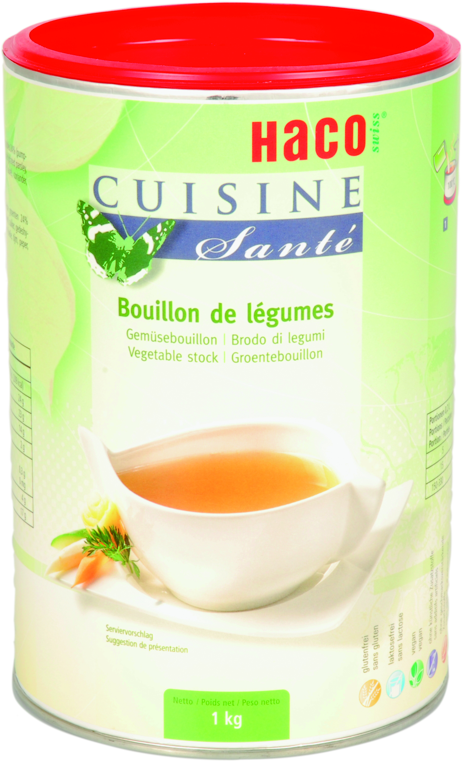 Vegetable Stock 1 kg Cuisine Santé - naturally enjoyable. 100 % vegetable stock with a golden color and intense vegetable bouquet. As a clear soup base or to enhance and season sauces, vegetables and side dishes. All Cuisine Santé products are 100 % natural and guaranteed to be gluten-free and lactose-free. Moreover, the recipes do not contain any ingredients with allergenic potential.