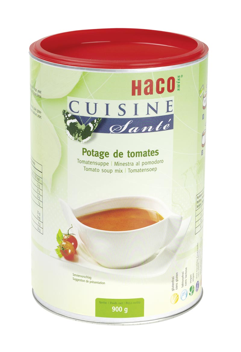Tomato soup mix 900 g Cuisine Santé - naturally enjoyable. Lovely natural red colored tomato soup with a true taste of sun-ripened tomatoes. All Cuisine Santé products are 100 % natural and guaranteed to be gluten-free and lactose-free. Moreover, the recipes do not contain any ingredients with allergenic potential.