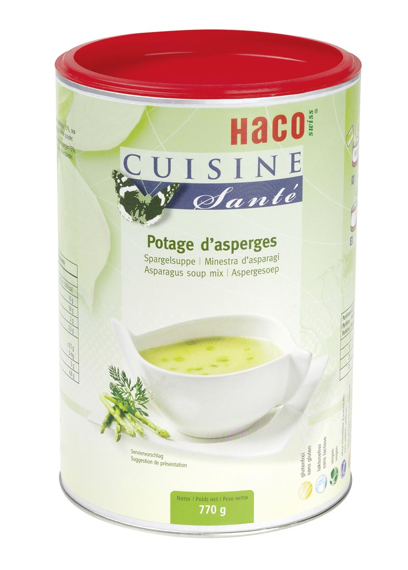 Asparagus soup mix 770 g Cuisine Santé - naturally enjoyable. Rich greenish cream soup with visible dehydrated asparagus pieces. All Cuisine Santé products are 100 % natural and guaranteed to be gluten-free and lactose-free. Moreover, the recipes do not contain any ingredients with allergenic potential.