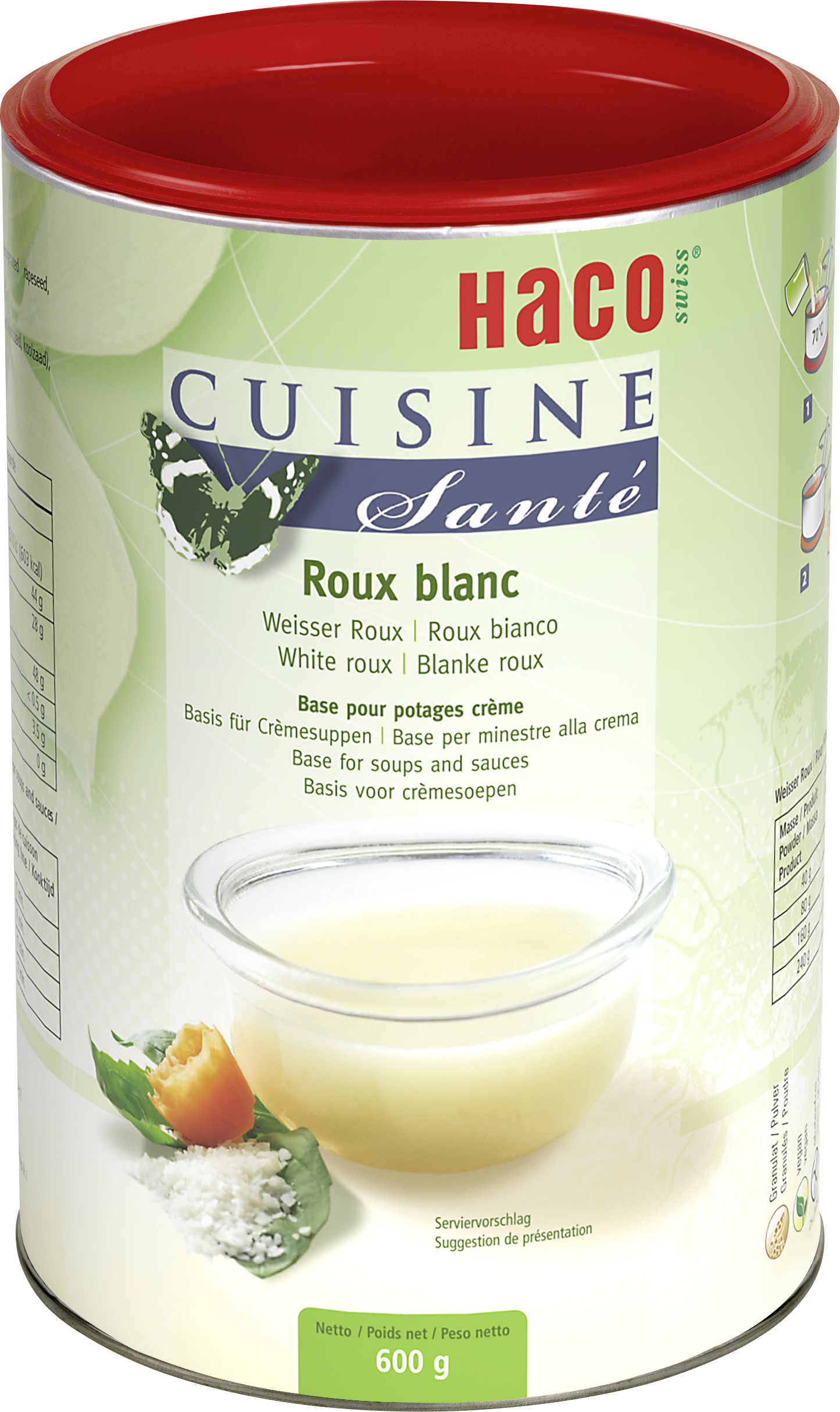 White Roux 600g Cuisine Santé - naturally enjoyable. As a base for soups, stocks and gravies. To bind or thicken fresh sauces. All Cuisine Santé products are 100 % natural and guaranteed to be gluten-free and lactose-free. Moreover, the recipes do not contain any ingredients with allergenic potential.