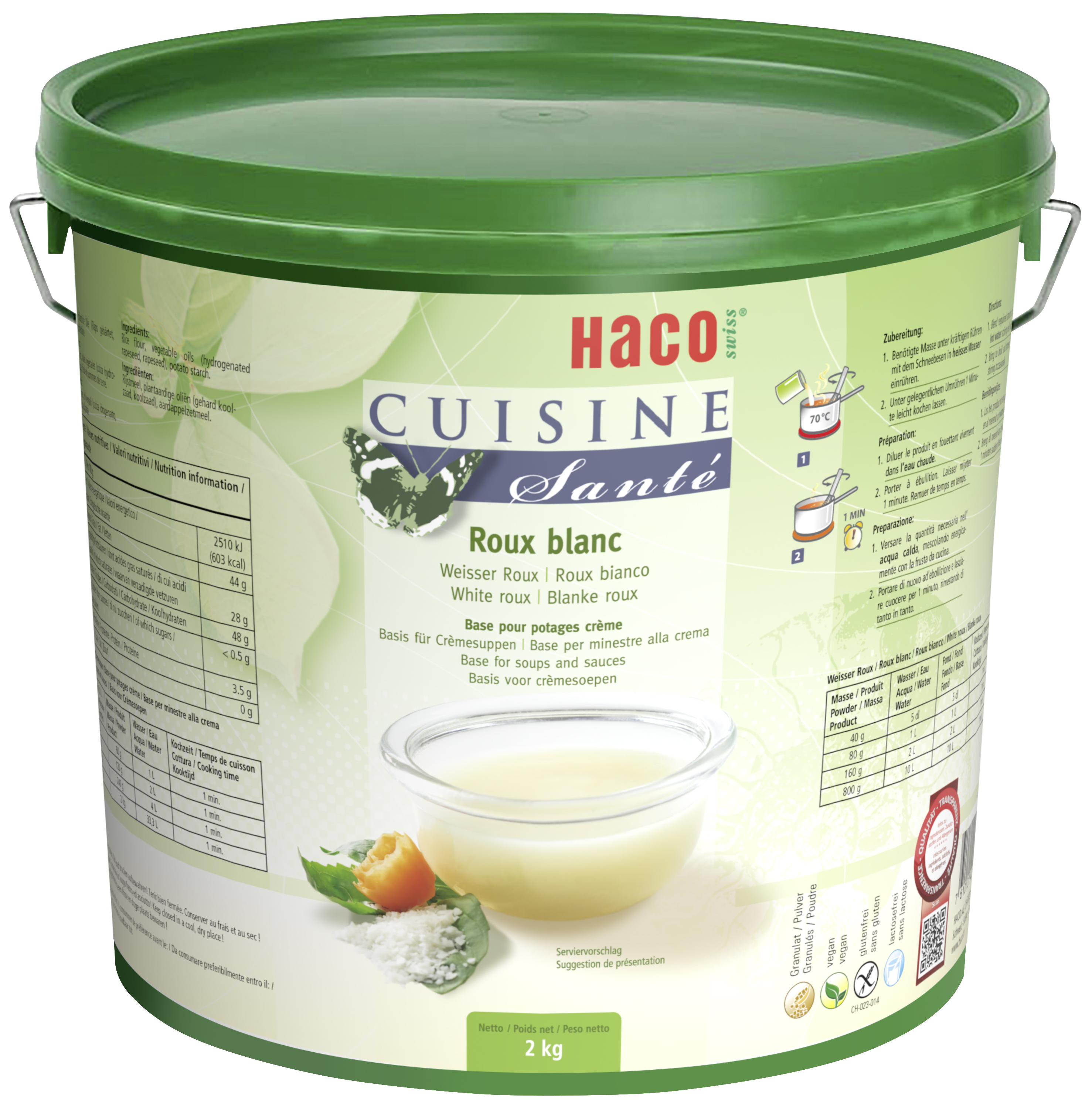 CS White Roux/Base 2kg Cuisine Santé - naturally enjoyable. As a base for soups, stocks and gravies. To bind or thicken fresh sauces. All Cuisine Santé products are 100 % natural and guaranteed to be gluten-free and lactose-free. Moreover, the recipes do not contain any ingredients with allergenic potential.