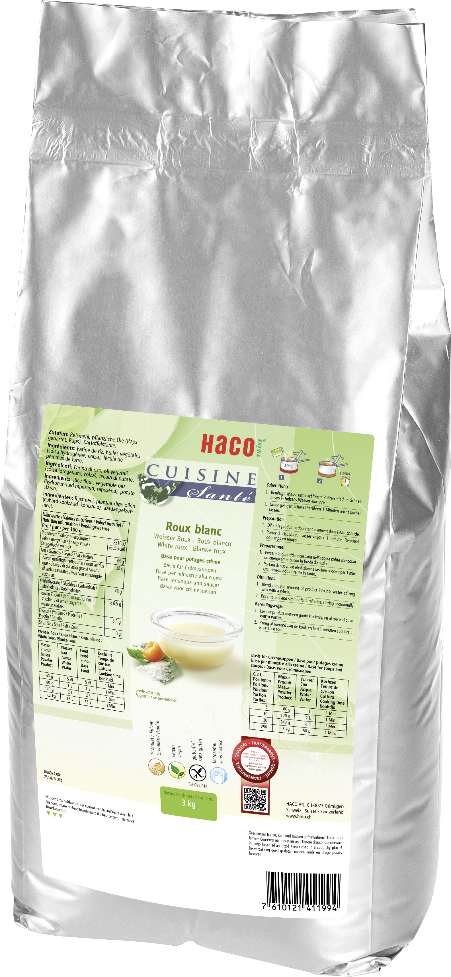 CS White Roux/Base 2x3kg Cuisine Santé - naturally enjoyable. As a base for soups, stocks and gravies. To bind or thicken fresh sauces. All Cuisine Santé products are 100 % natural and guaranteed to be gluten-free and lactose-free. Moreover, the recipes do not contain any ingredients with allergenic potential.