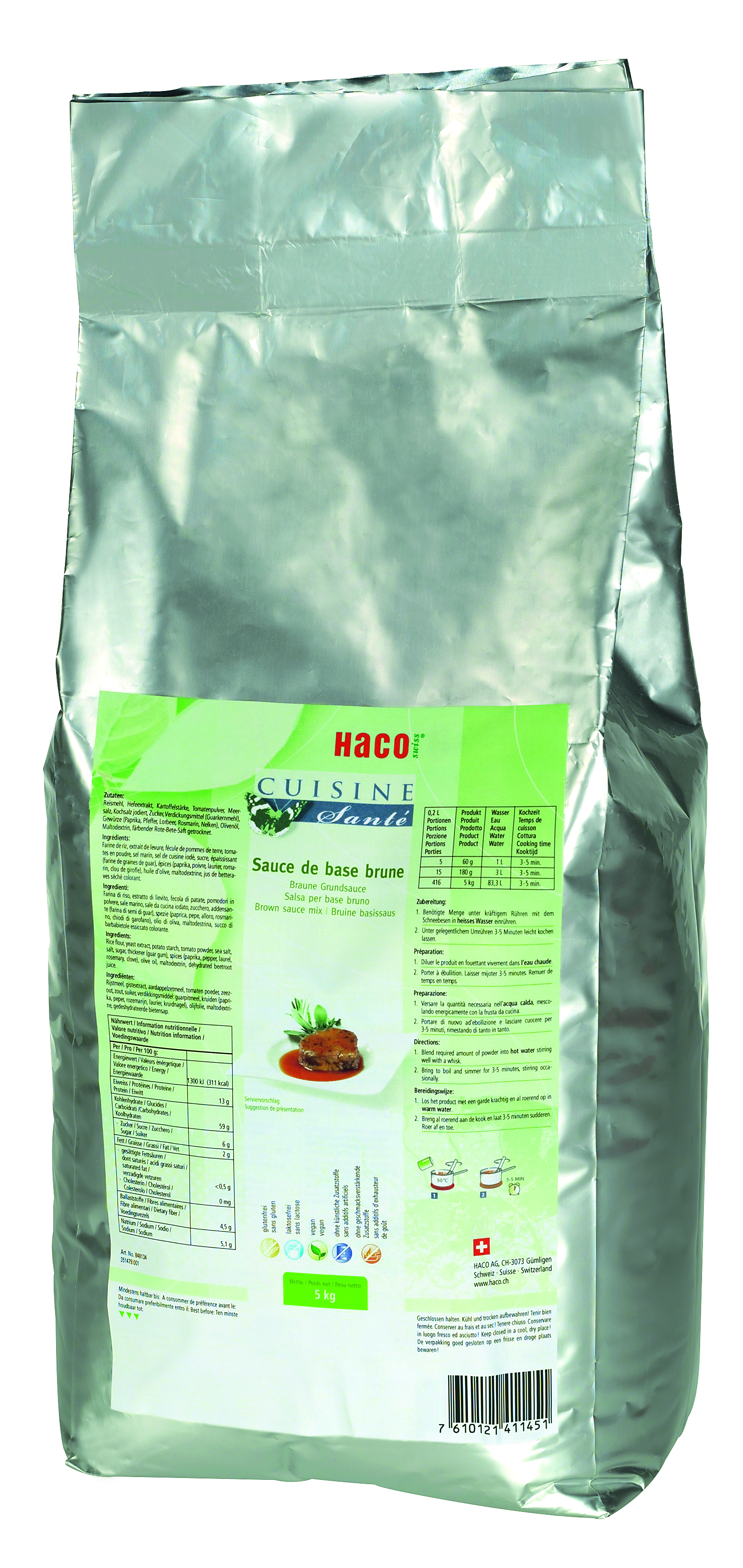 Brown Sauce mix 2x5 kg Cuisine Santé - naturally enjoyable. As base for brown sauce with many applications. To enhance and season roasts, braised and cooked meat. All Cuisine Santé products are 100 % natural and guaranteed to be gluten-free and lactose-free. Moreover, the recipes do not contain any ingredients with allergenic potential.