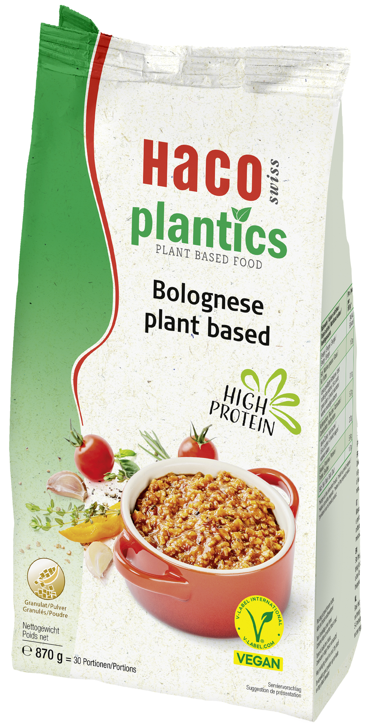 Plantics Bolognese plant based 870G Plantics products are contemporary, versatile and can be prepared quickly and easily in just a few simple steps. The flavourful meat alternatives, which are suitable for both classic and modern dishes, have a high protein content that comes from purely plant-based sources. In addition, all Plantics products are V-Label certified.