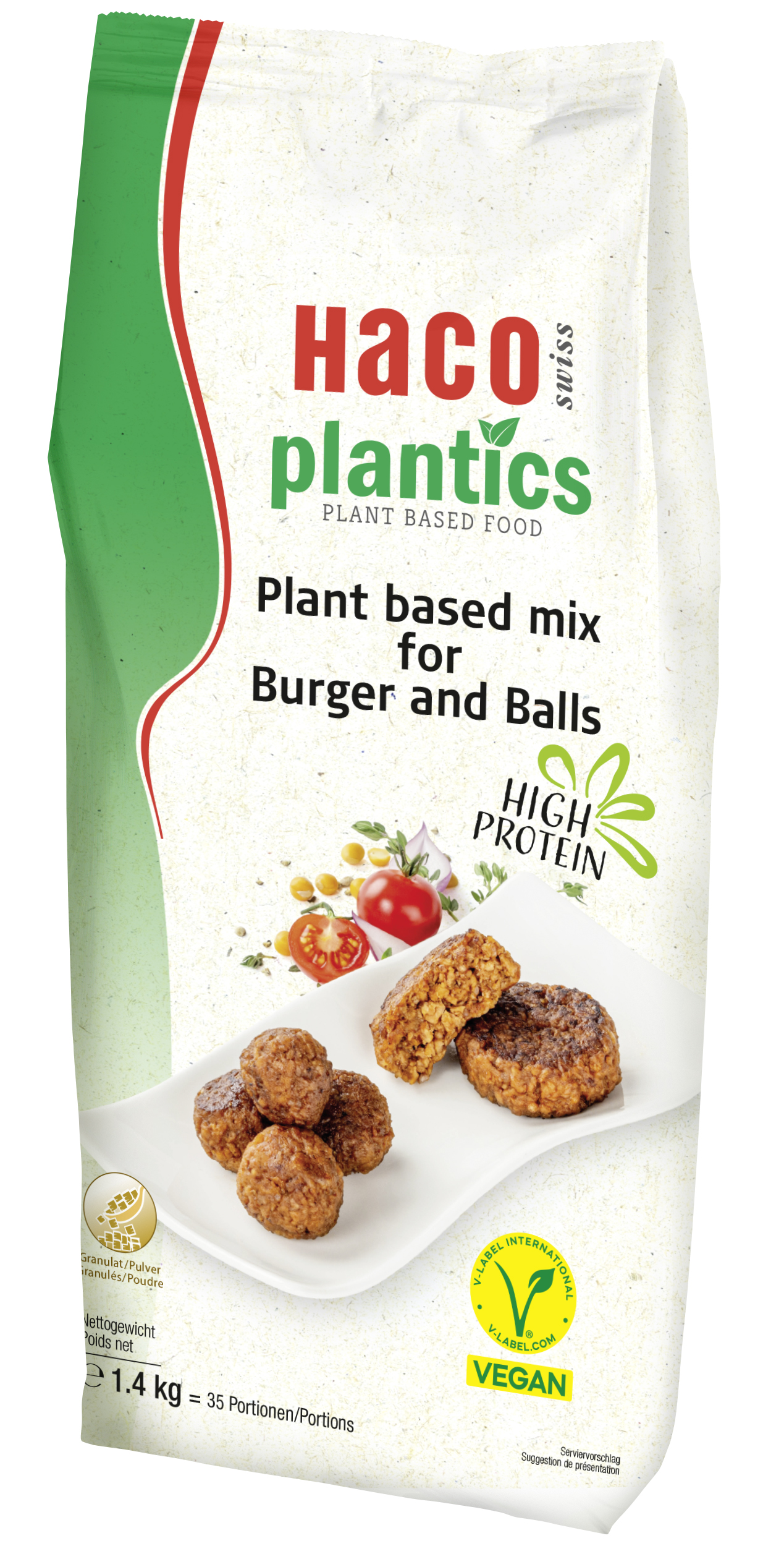 Plantics Burger and Balls 1.4KG Plantics products are contemporary, versatile and can be prepared quickly and easily in just a few simple steps. The flavourful meat alternatives, which are suitable for both classic and modern dishes, have a high protein content that comes from purely plant-based sources. In addition, all Plantics products are V-Label certified.