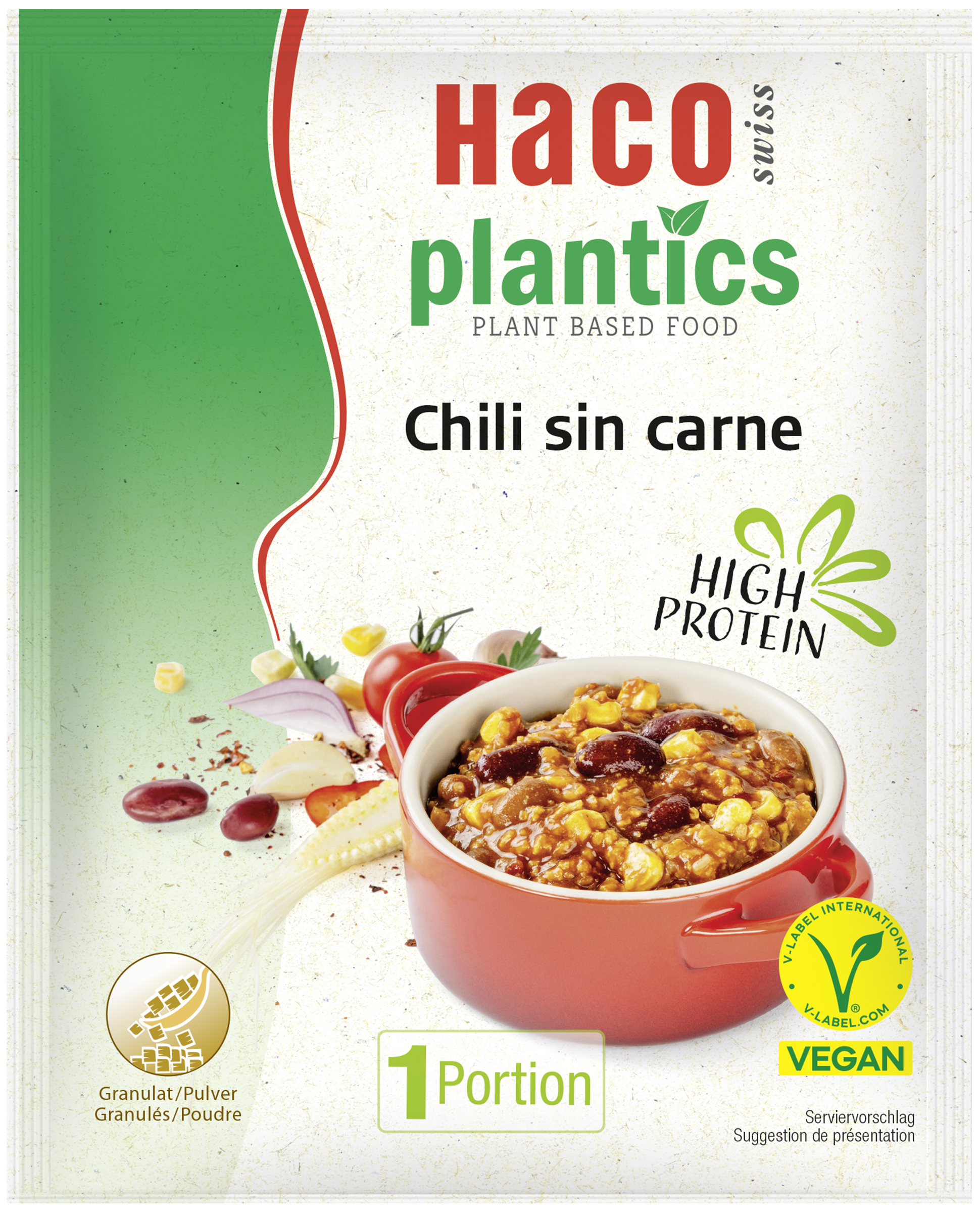 Plantics Chili sin carne 63G Plantics products are contemporary, versatile and can be prepared quickly and easily in just a few simple steps. The flavourful meat alternatives, which are suitable for both classic and modern dishes, have a high protein content that comes from purely plant-based sources. In addition, all Plantics products are V-Label certified.