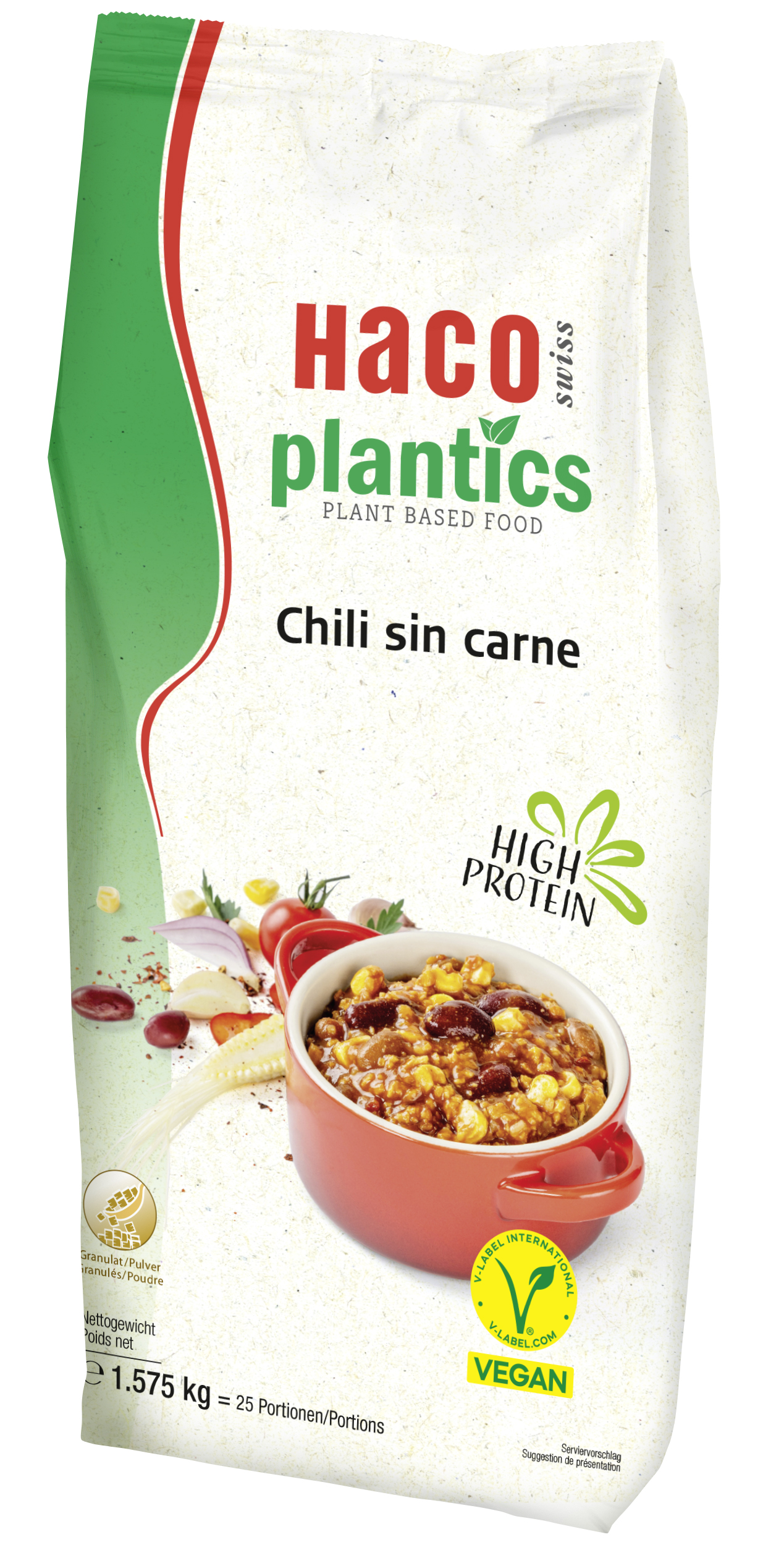 Plantics Chili sin carne 1.575KG Plantics products are contemporary, versatile and can be prepared quickly and easily in just a few simple steps. The flavourful meat alternatives, which are suitable for both classic and modern dishes, have a high protein content that comes from purely plant-based sources. In addition, all Plantics products are V-Label certified.