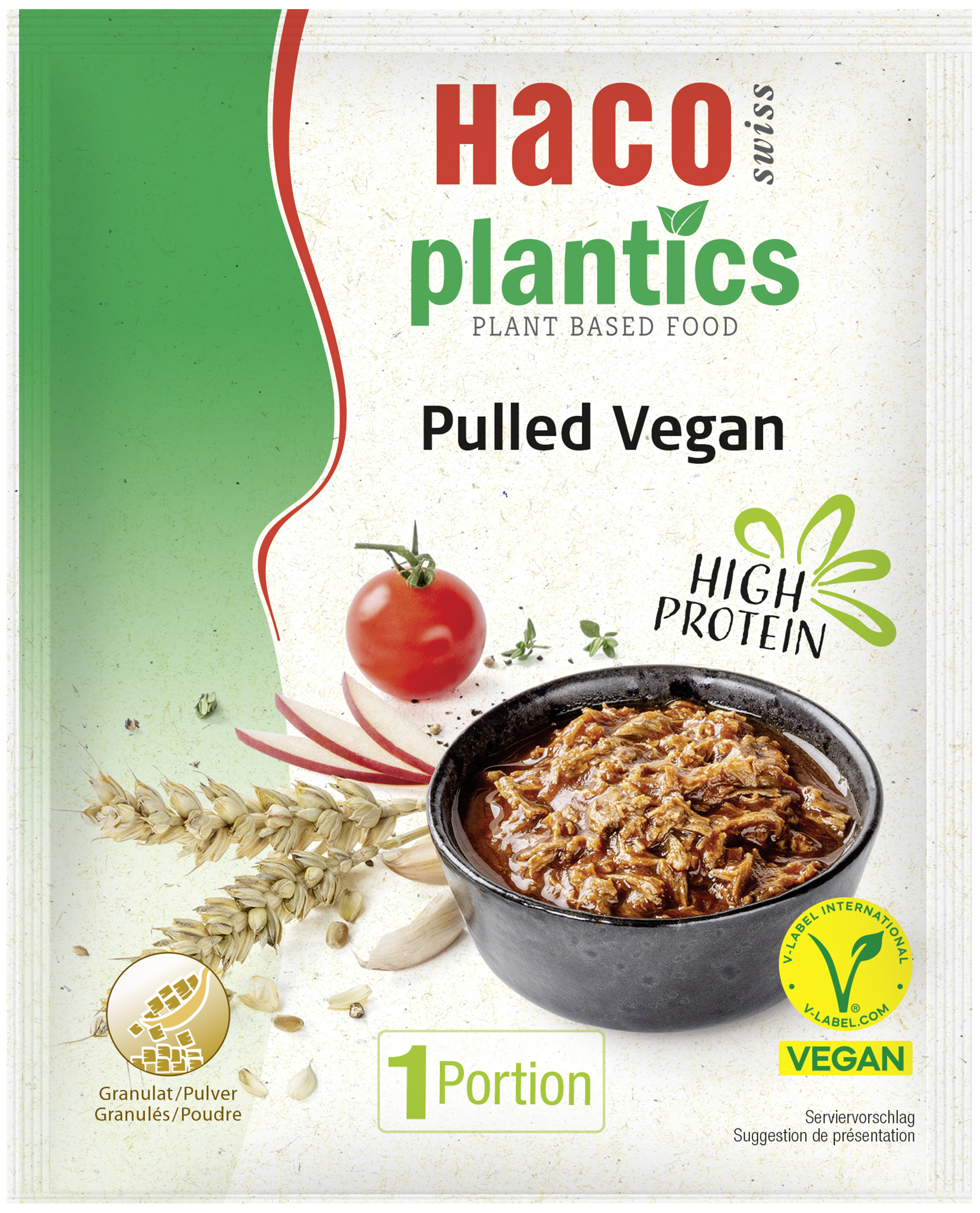 Plantics Pulled Vegan 40G Plantics products are contemporary, versatile and can be prepared quickly and easily in just a few simple steps. The flavourful meat alternatives, which are suitable for both classic and modern dishes, have a high protein content that comes from purely plant-based sources. In addition, all Plantics products are V-Label certified.