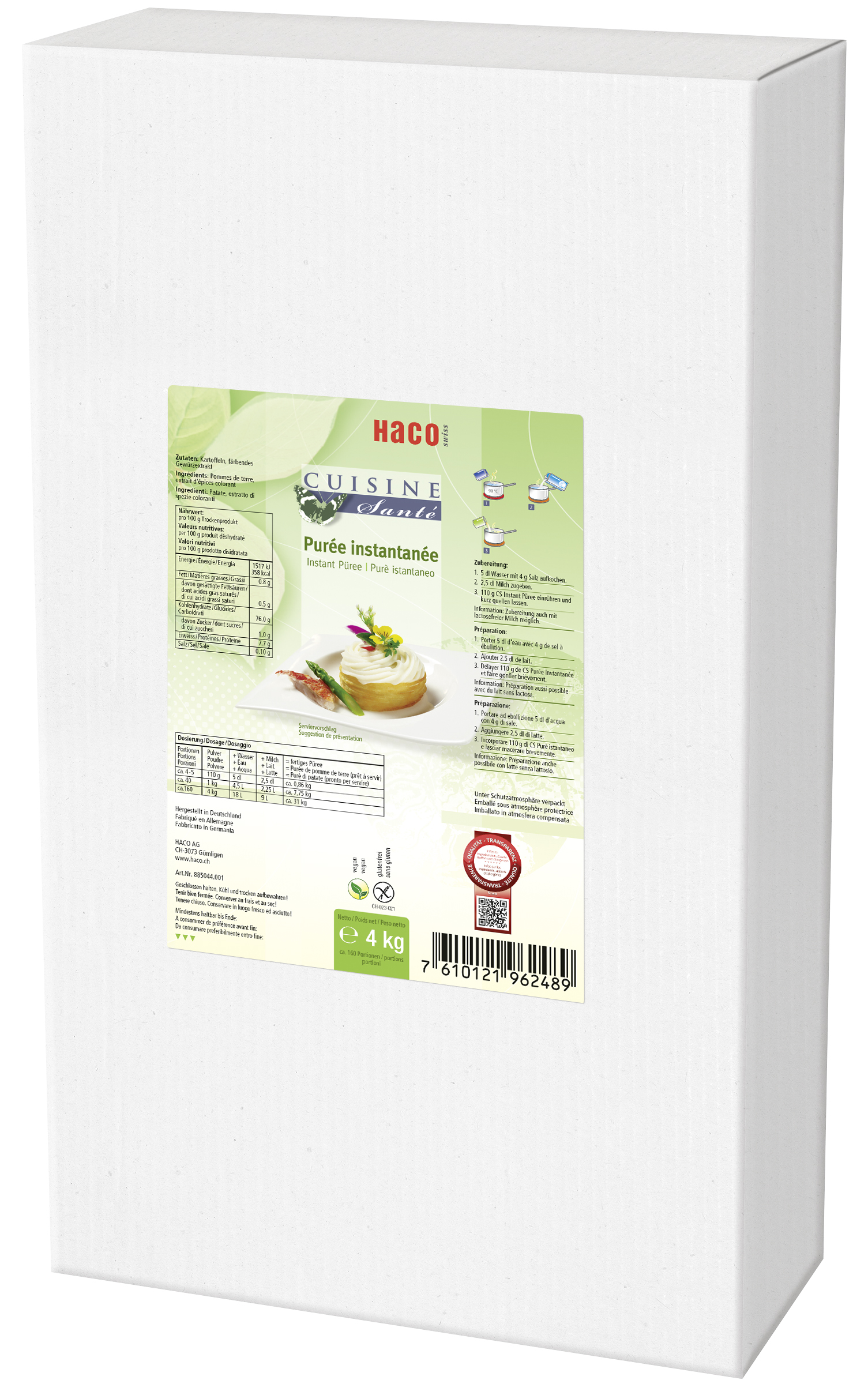 CS Purée instantanée 4 kg Cuisine Santé - naturally enjoyable. Favorite dish for all ages, 100 % natural, 100 % tasteful. All Cuisine Santé products are 100 % natural and guaranteed to be gluten-free and lactose-free. Moreover, the recipes do not contain any ingredients with allergenic potential.